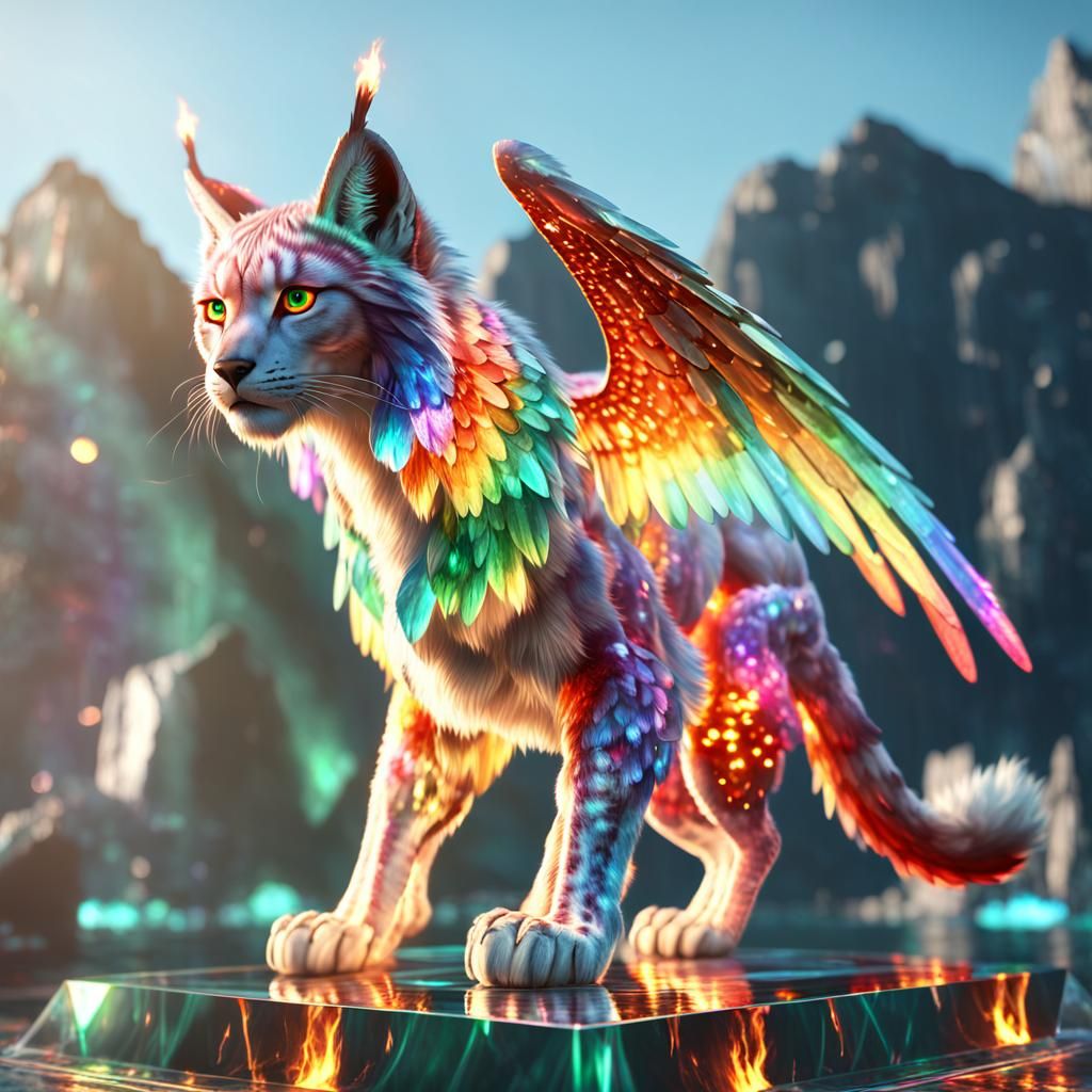 Rainbow Lynx on Crystal Platform, Hyperrealistic Digital Art