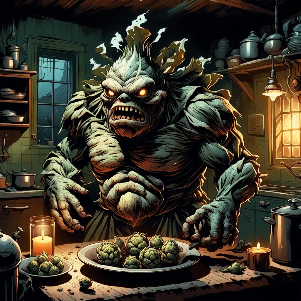 Artichoke Monster in a Gothic Kitchen