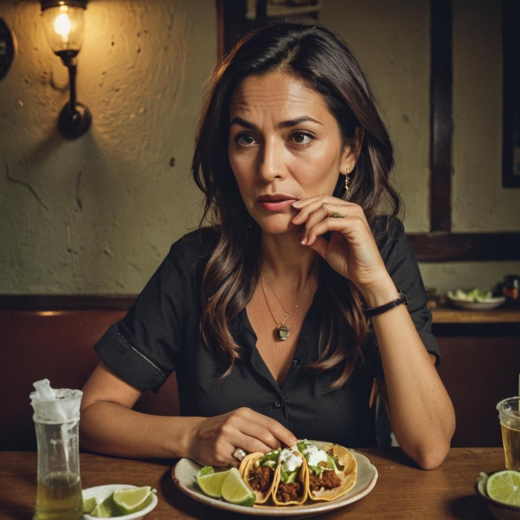 Woman Enjoying Tequila and Taco in Cafe: Cinematic Still