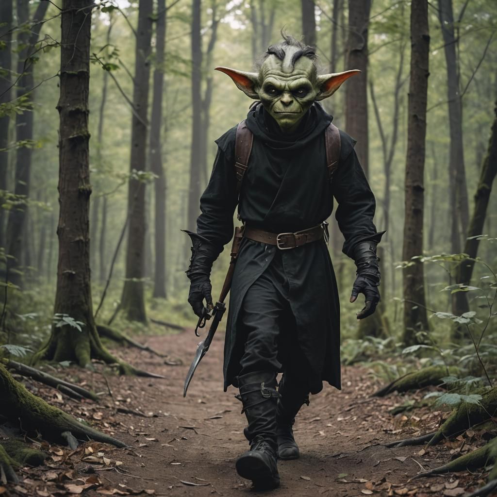 Handsome Goblin Rogue Walks Stealthily in Forest