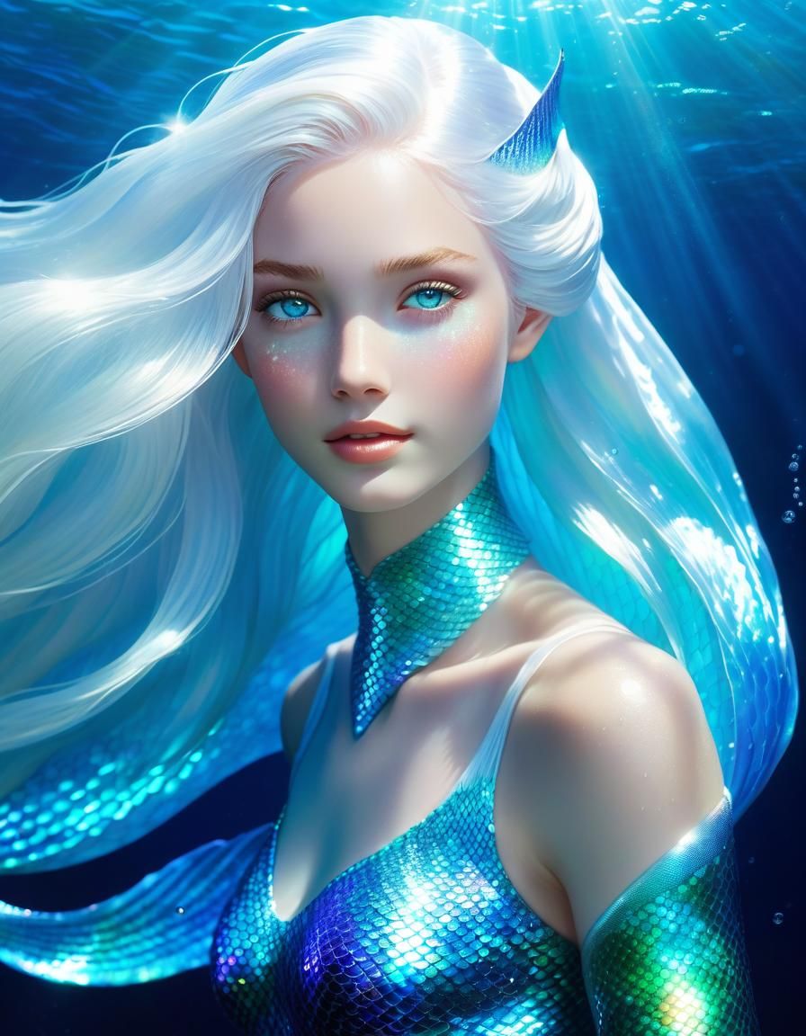 Majestic Mermaid with Translucent Fins and Ethereal Glow