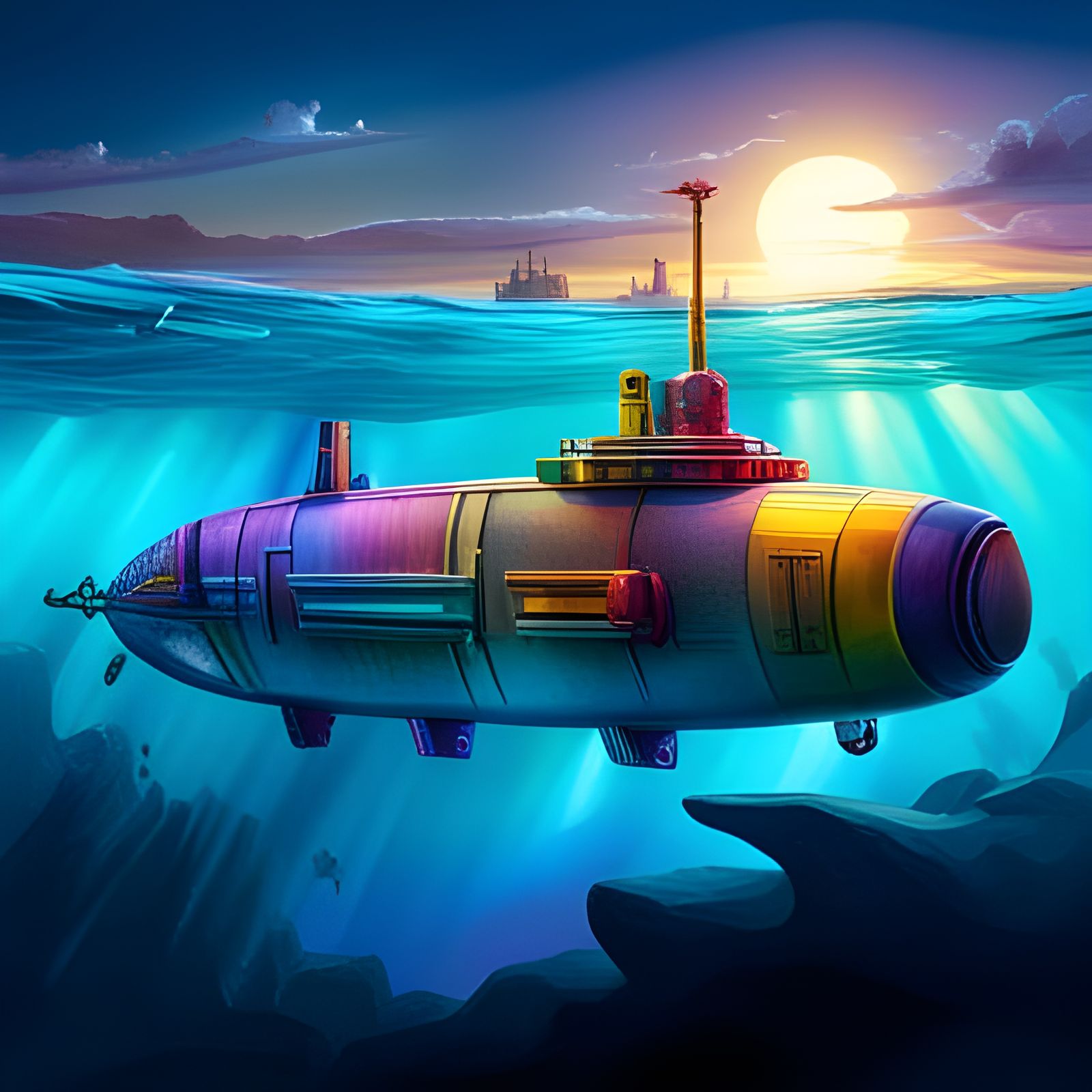 Holographic Steampunk Submarine in Deep Sea
