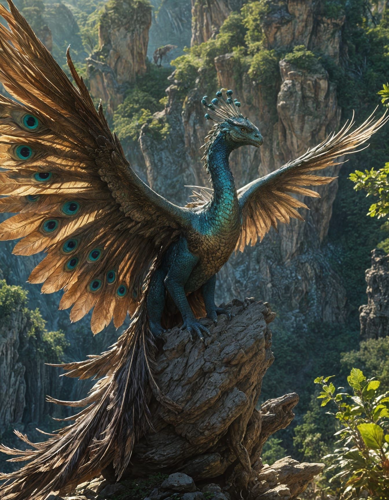 Epic Dragon with Vibrant Peacock Feathers in Resplendent Glo...