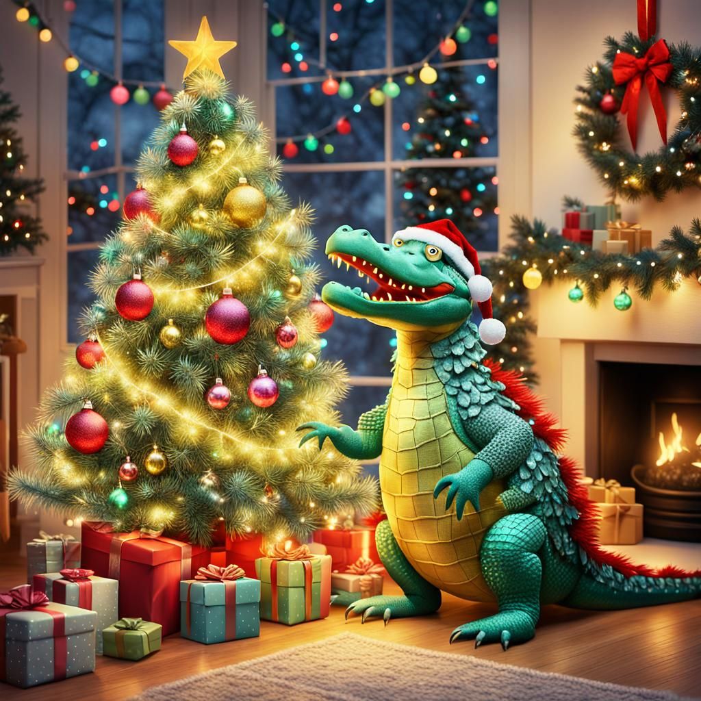Whimsical Christmas Tree Setup by a Crocodile-Parrot Hybrid