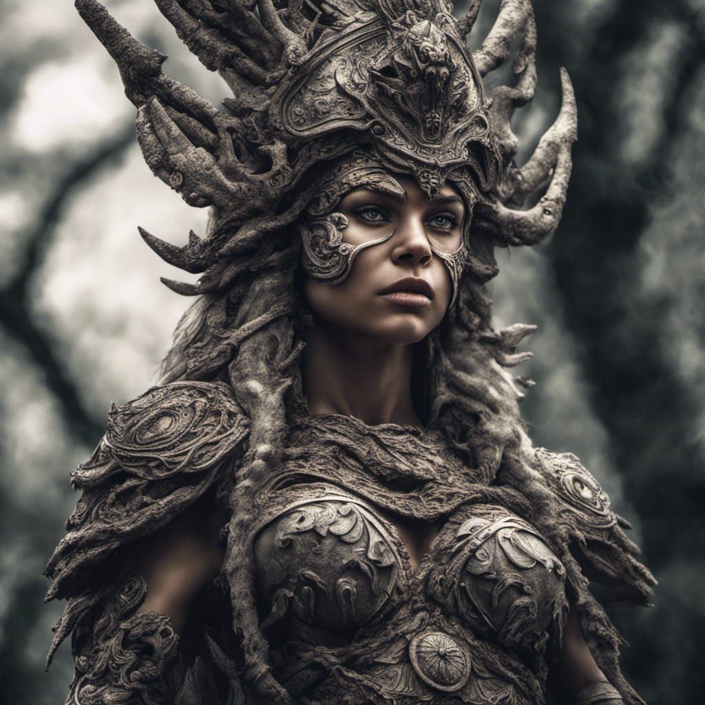 Hyperrealistic Warrior Goddess of Nature and Chaos