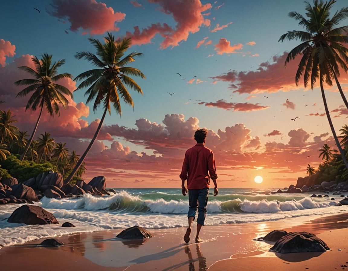 Beach Sunset with Model in Matte Painting Style