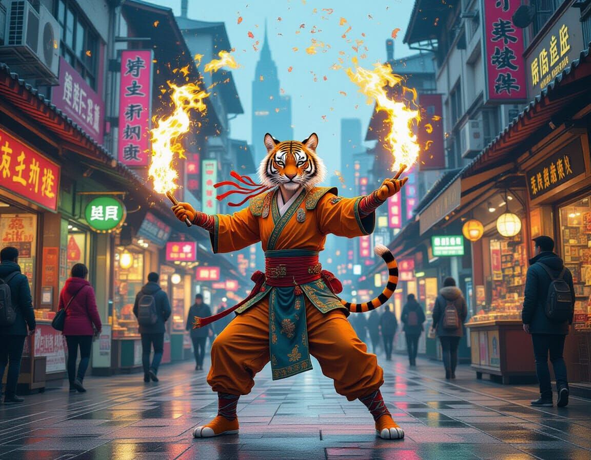 Cyberpunk Tigress Juggling Fire in Floating City