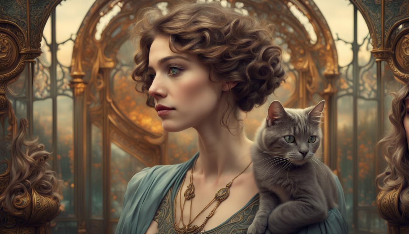 Art Nouveau Woman with Cat: Digital Matte Painting