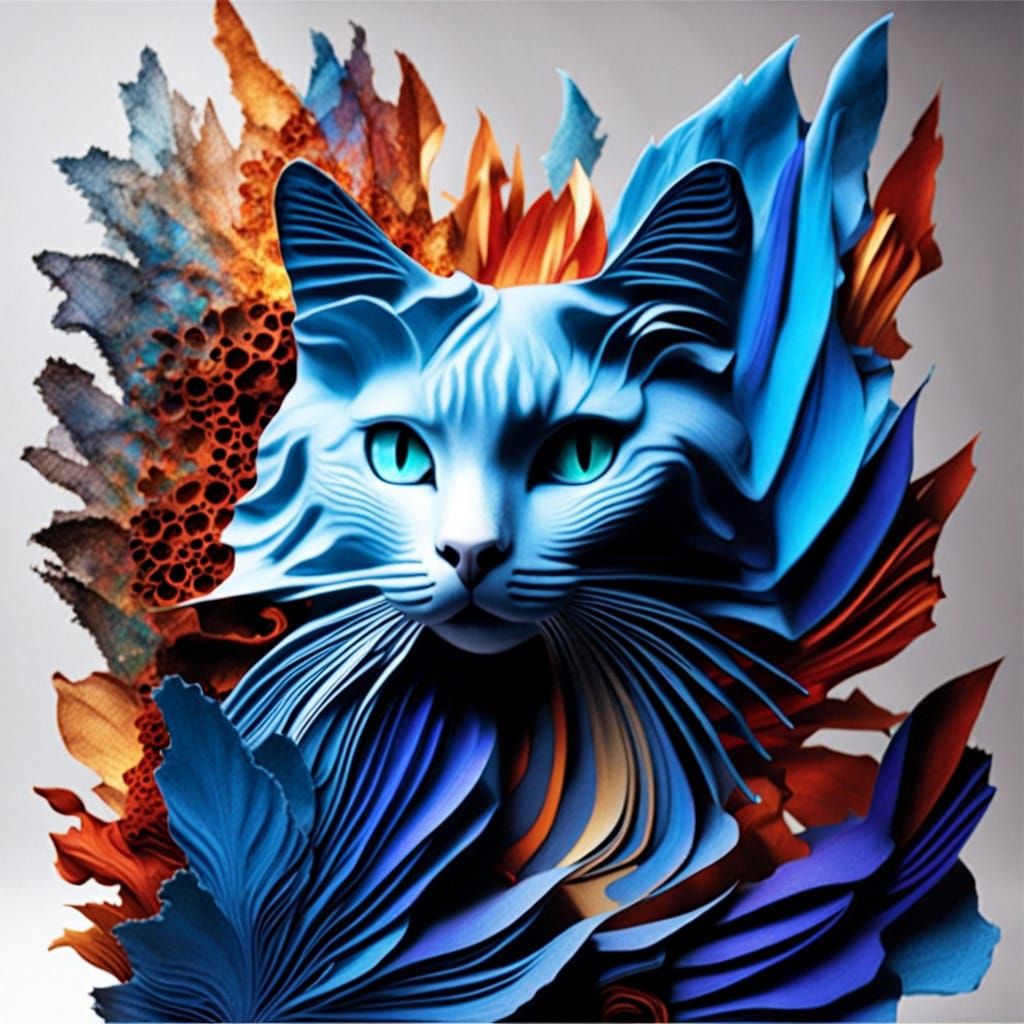 Ethereal Cat in Iridescent Ice and Fiery Flames