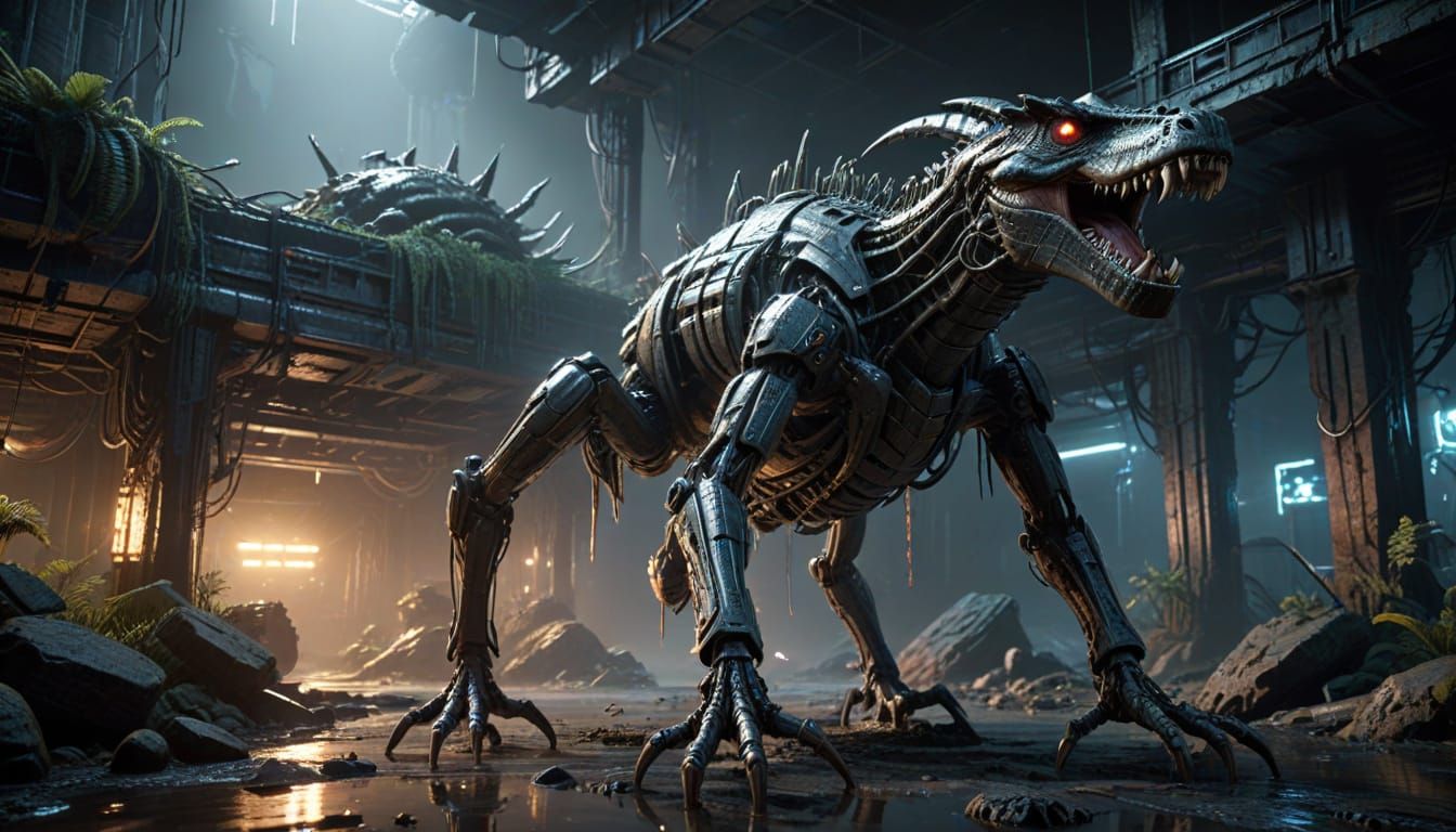 Cyberpunk Cybernetic Monstrosity Patrols Alien Ruins