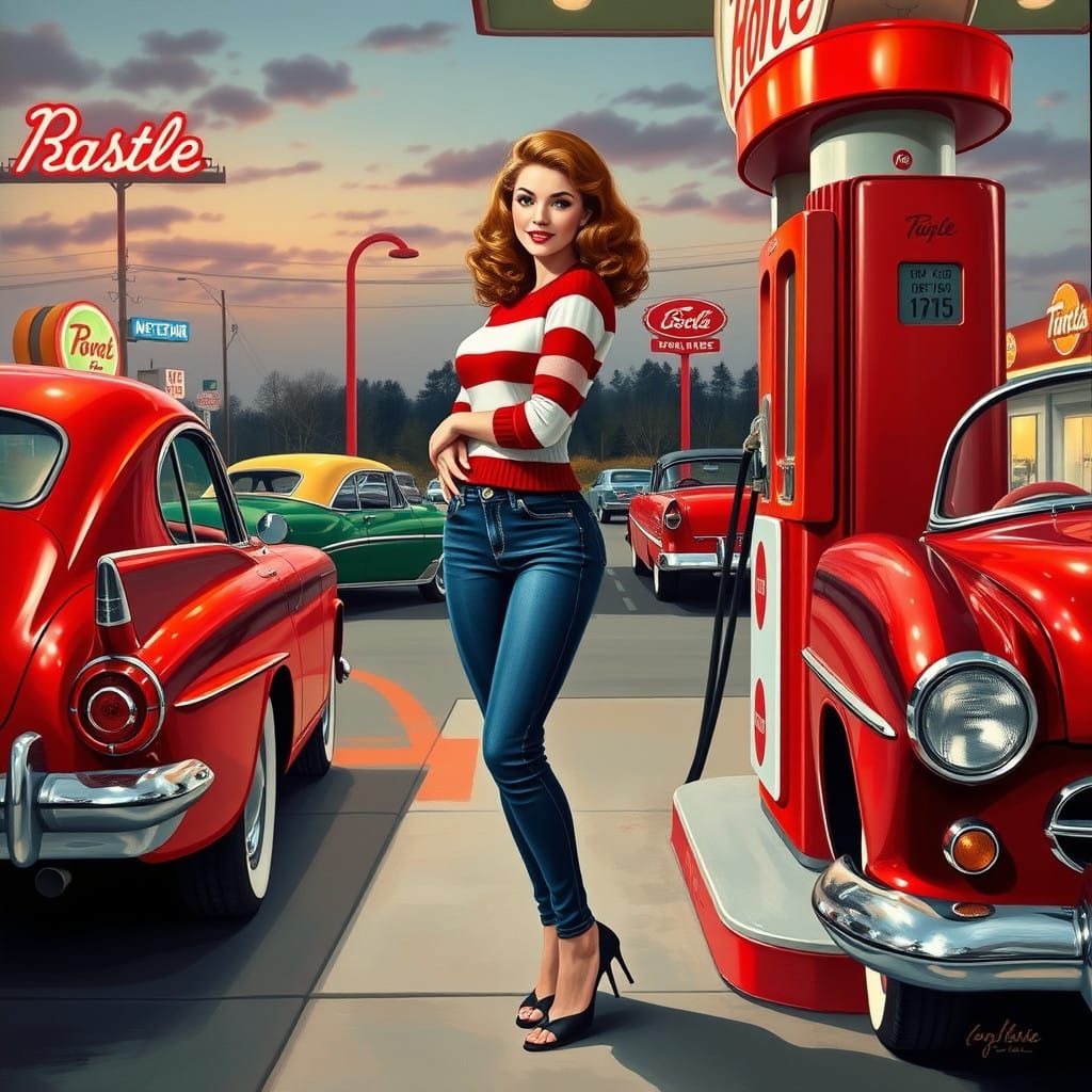 Retro Pin-up Girl Fills Up at a Vintage Gas Station