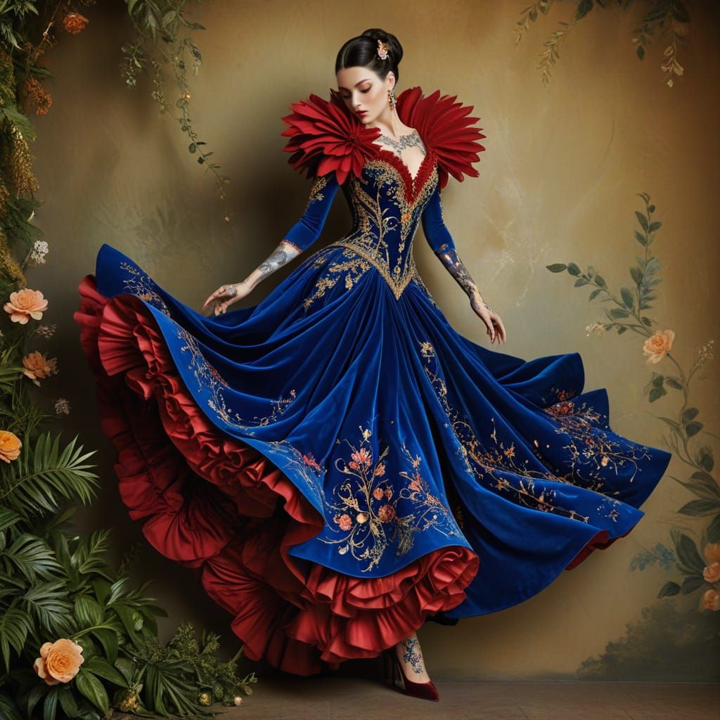 Elegant Woman in Baroque Velvet Attire with Intricate Tattoo...