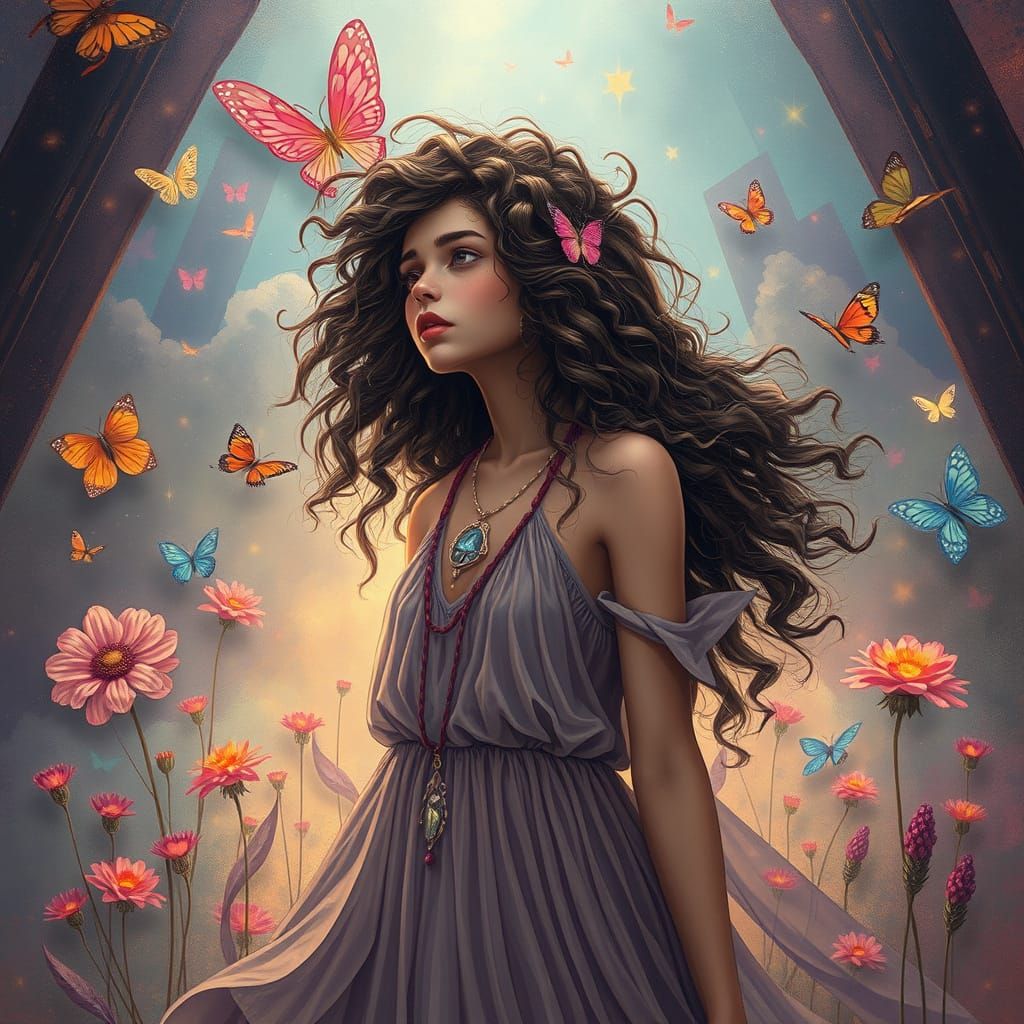 Bohemian Woman in Mystical, Futuristic Setting