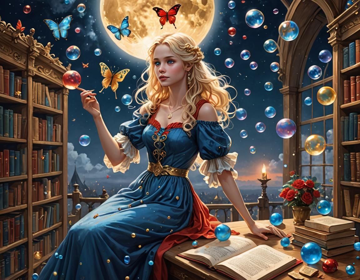 Elf Woman Dancing with Bubbles and Butterflies