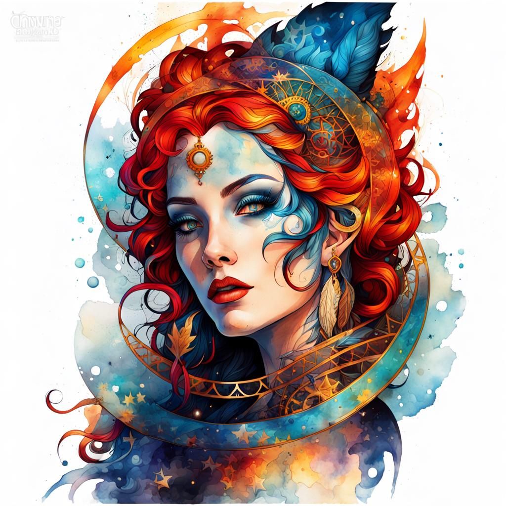 Blue-Haired Sorceress Portrait with Astral Symbols