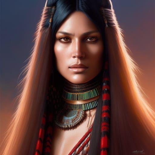 Beautiful Native American Woman Portrait in Digital Art