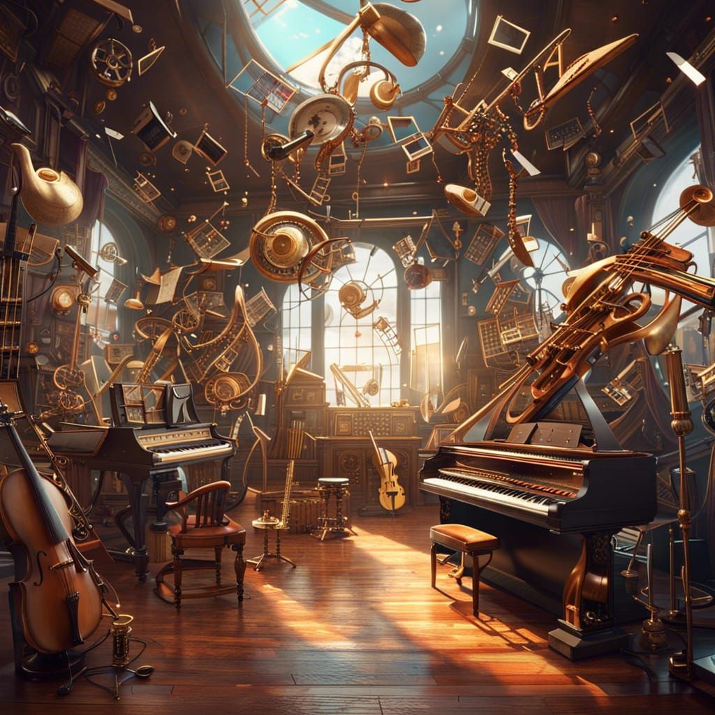 Splash art ,Steampunk cyborg futuristic musical room with lots of  musical instruments