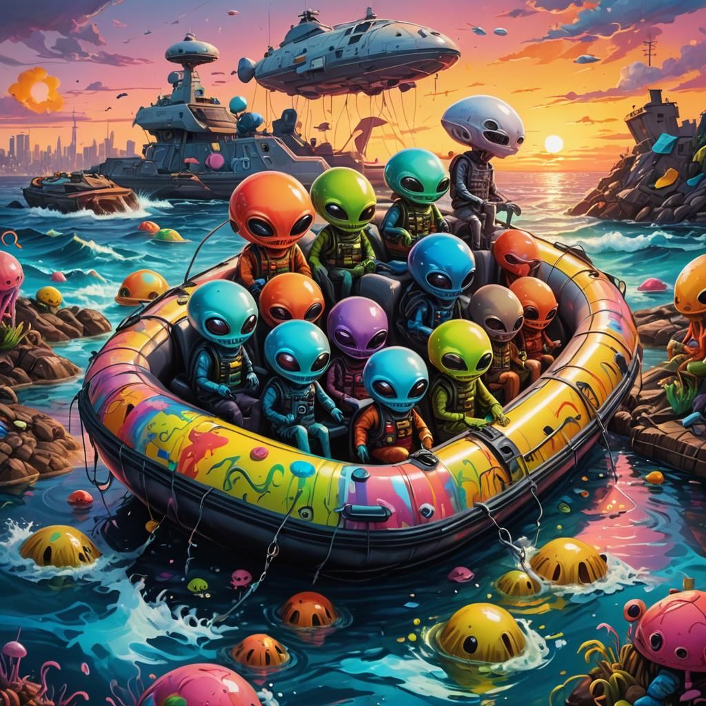 Cute Aliens in a Boat at Sunset: Graffiti Art