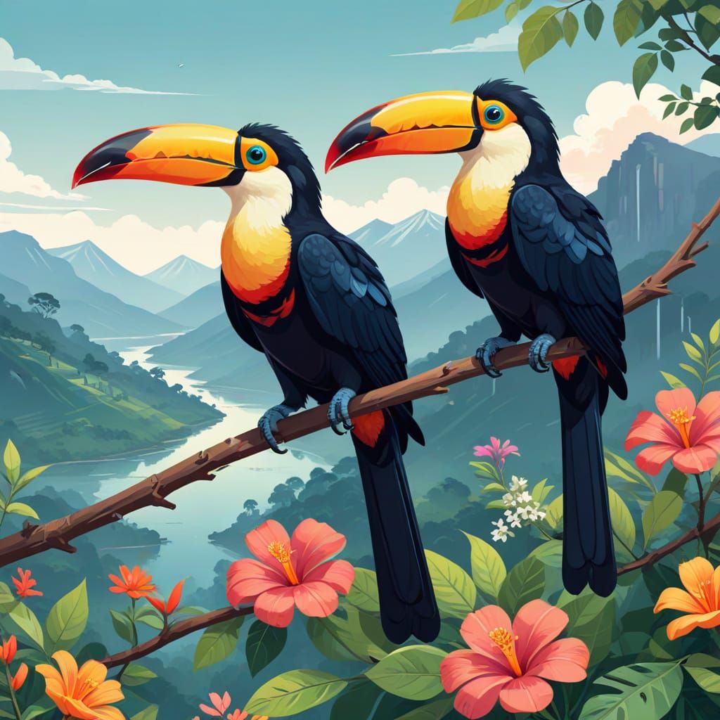 Toucan Pair on Flowering Branch Overlooking Andes Vista