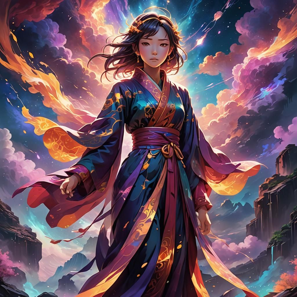 Digital Being Navigates Anime Landscape in Concept Art Style