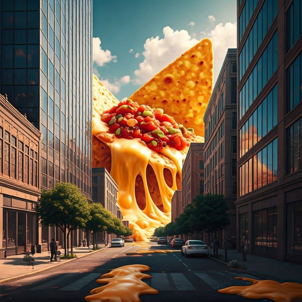 Giant Tortilla Chips Invade City in Surreal Digital Art
