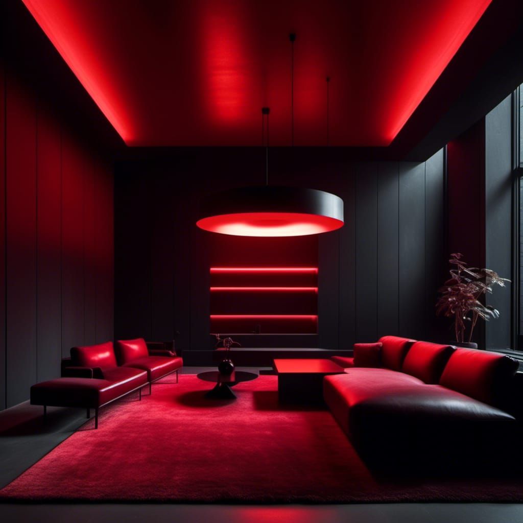 Brutalist Interior with Dramatic Red Lighting