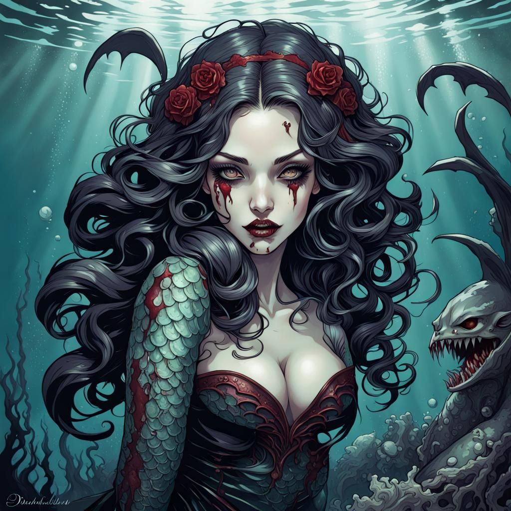 Gothic Vampire Mermaid in Art Nouveau Style