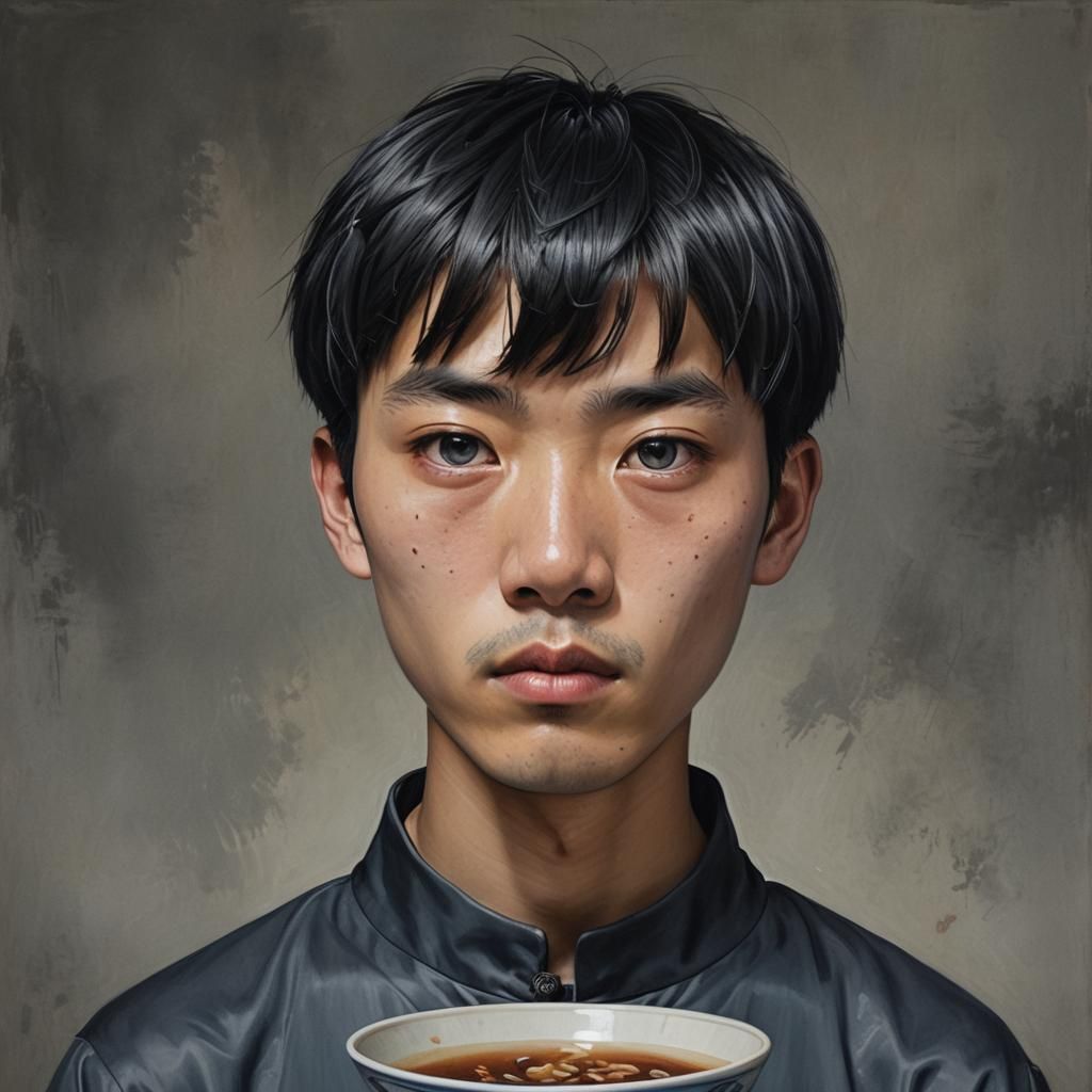 Hyperrealistic Portrait of a Chinese Man with Bowl Cut
