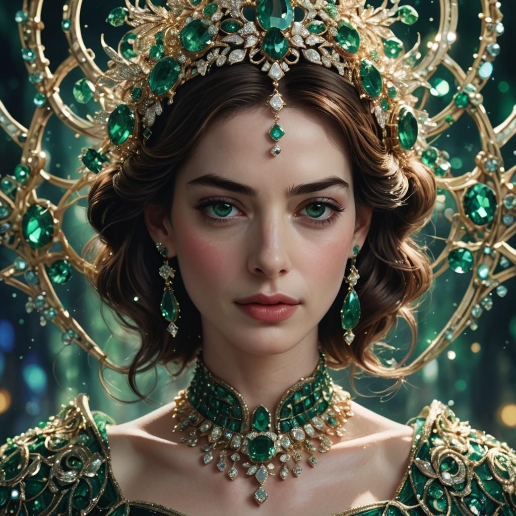Anime Woman with Emerald Diamond Headpiece in Art Nouveau St...