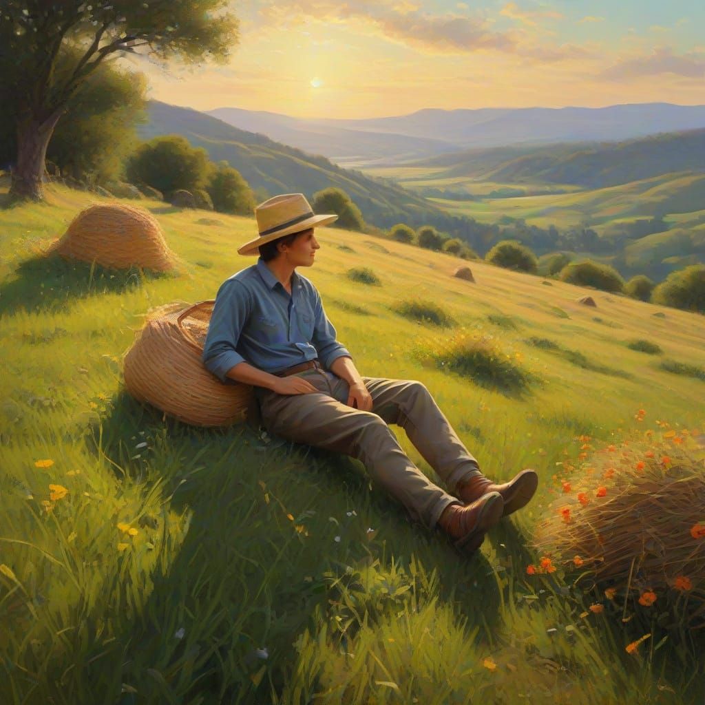Boy Resting in Sunny Mountain Pasture Amidst Flowers
