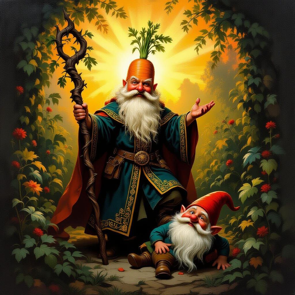 Victorious Carrot on Gnome Back as Oil Painting