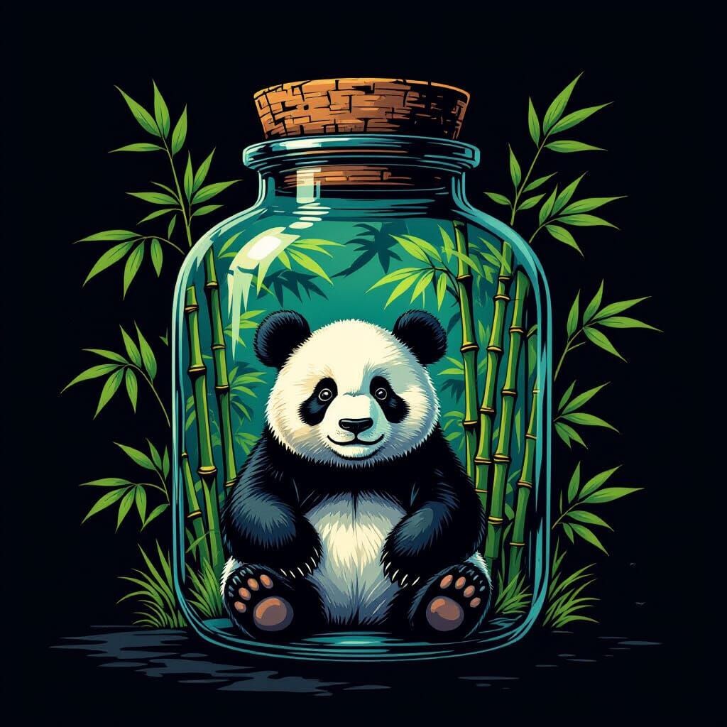 Panda in a Jar: High Contrast Digital Art