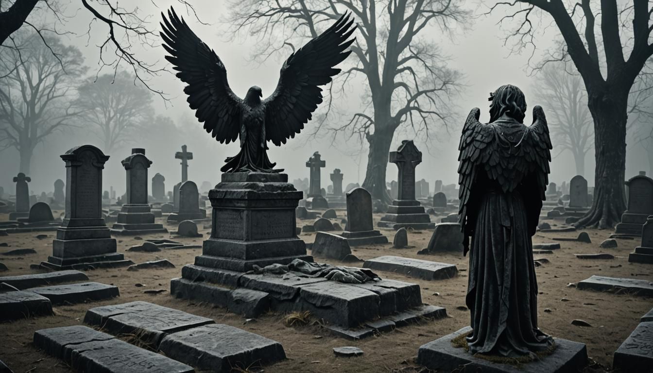 Fallen Angel in Ancient Graveyard, Cinematic Still