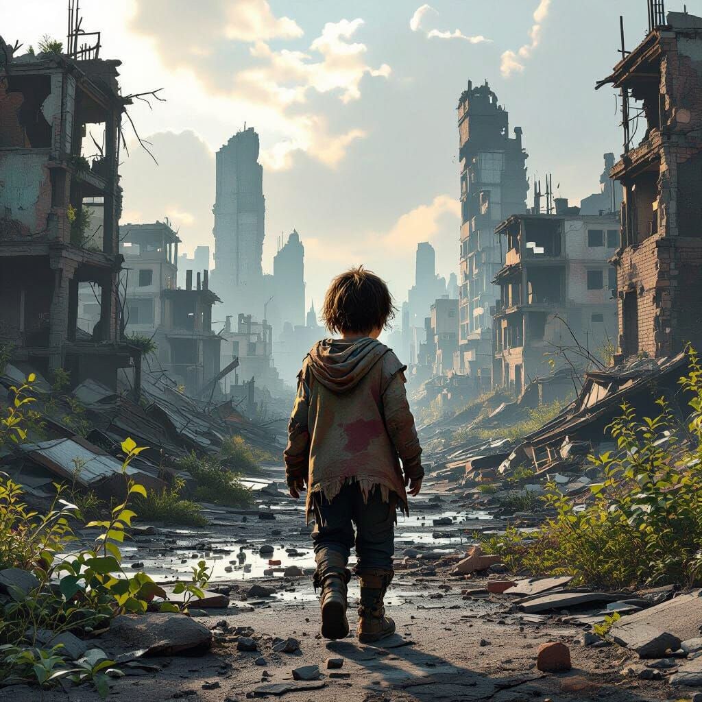 Child Explorer in Dystopian Cityscape Concept Art