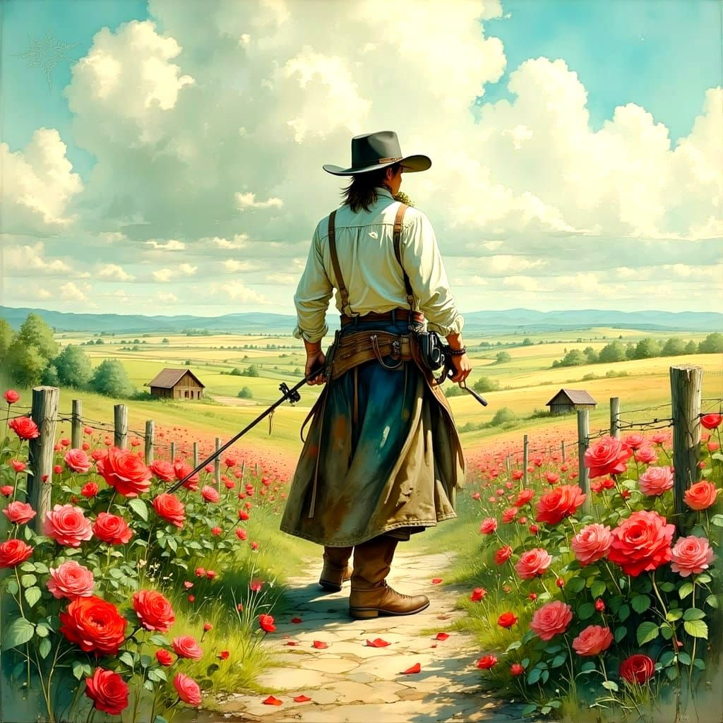 A Cowboy Contemplates Life in a Vibrant Rose Garden