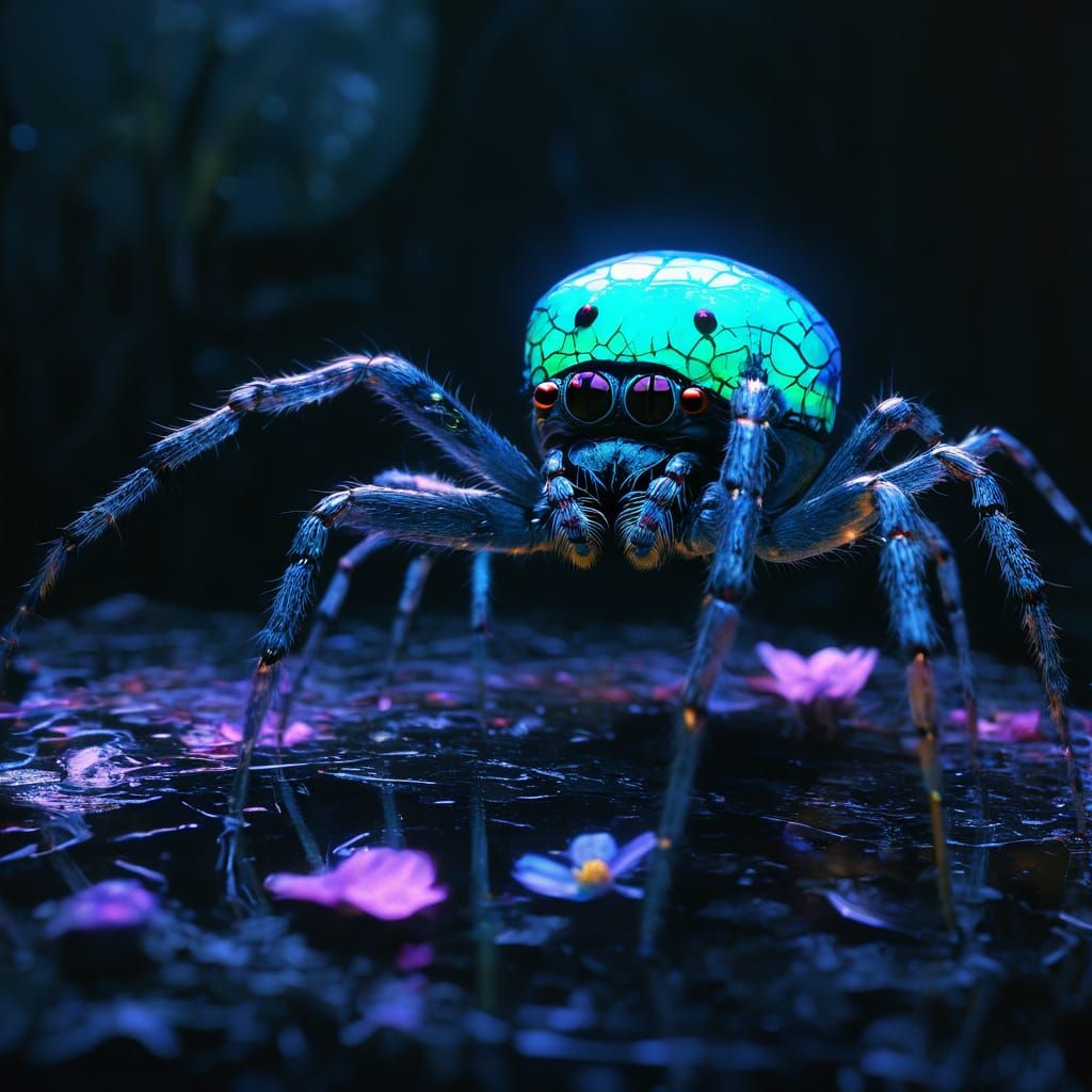 Holographic Opal Spider with Fly Friend, Cosmic Horror Style