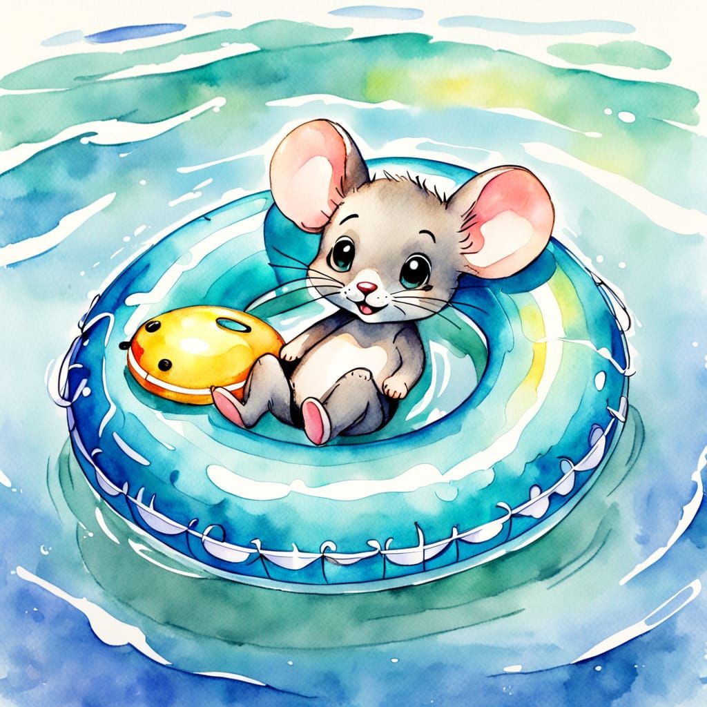 Mouse Cub Swimming in Ring, Watercolor Cartoon Sketch