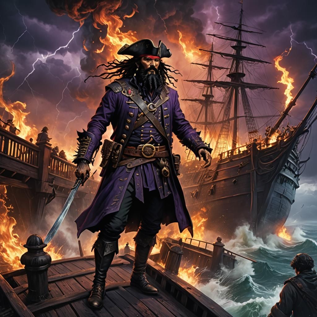 Blackbeard on Queen Anne's Revenge in Dark Fantasy Style