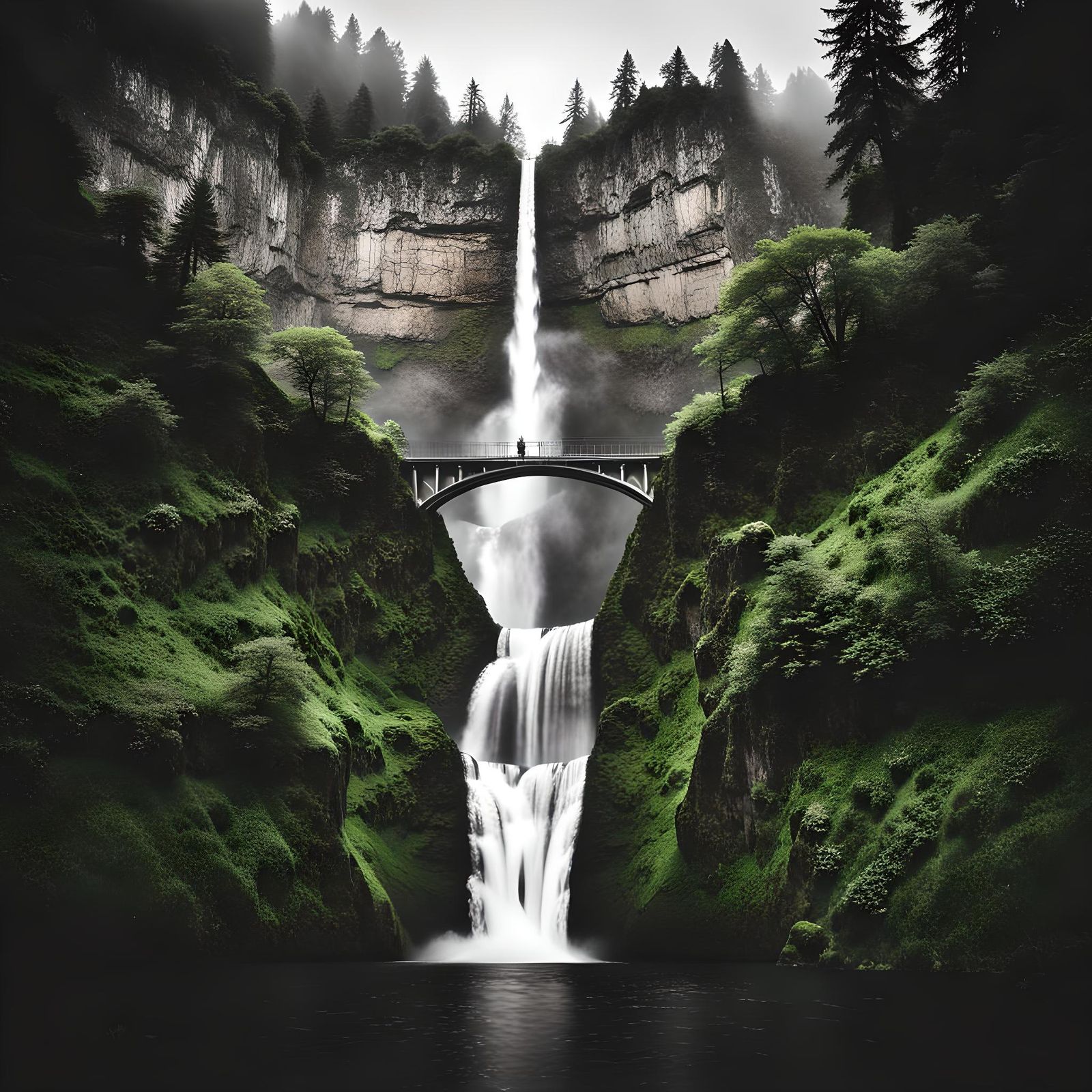 Monochrome Photorealistic View of Multnomah Falls