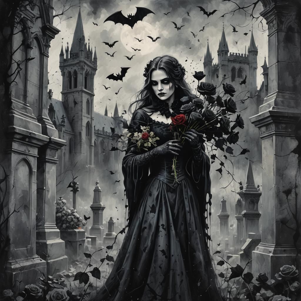 Gothic Vampire with Roses in Abstract Oil Painting