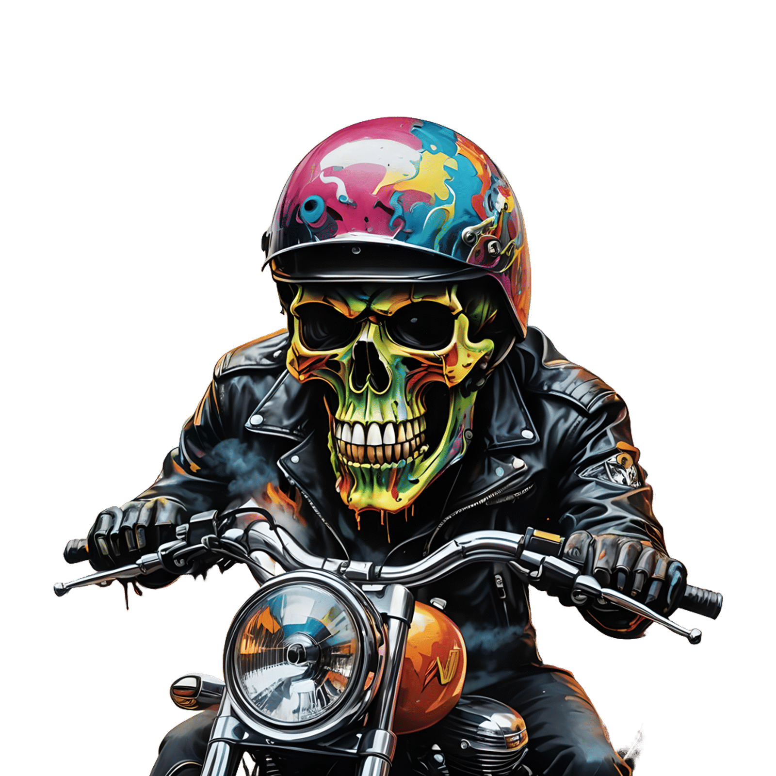 Colorful Skull Rides Motorcycle in Graffiti Art Style