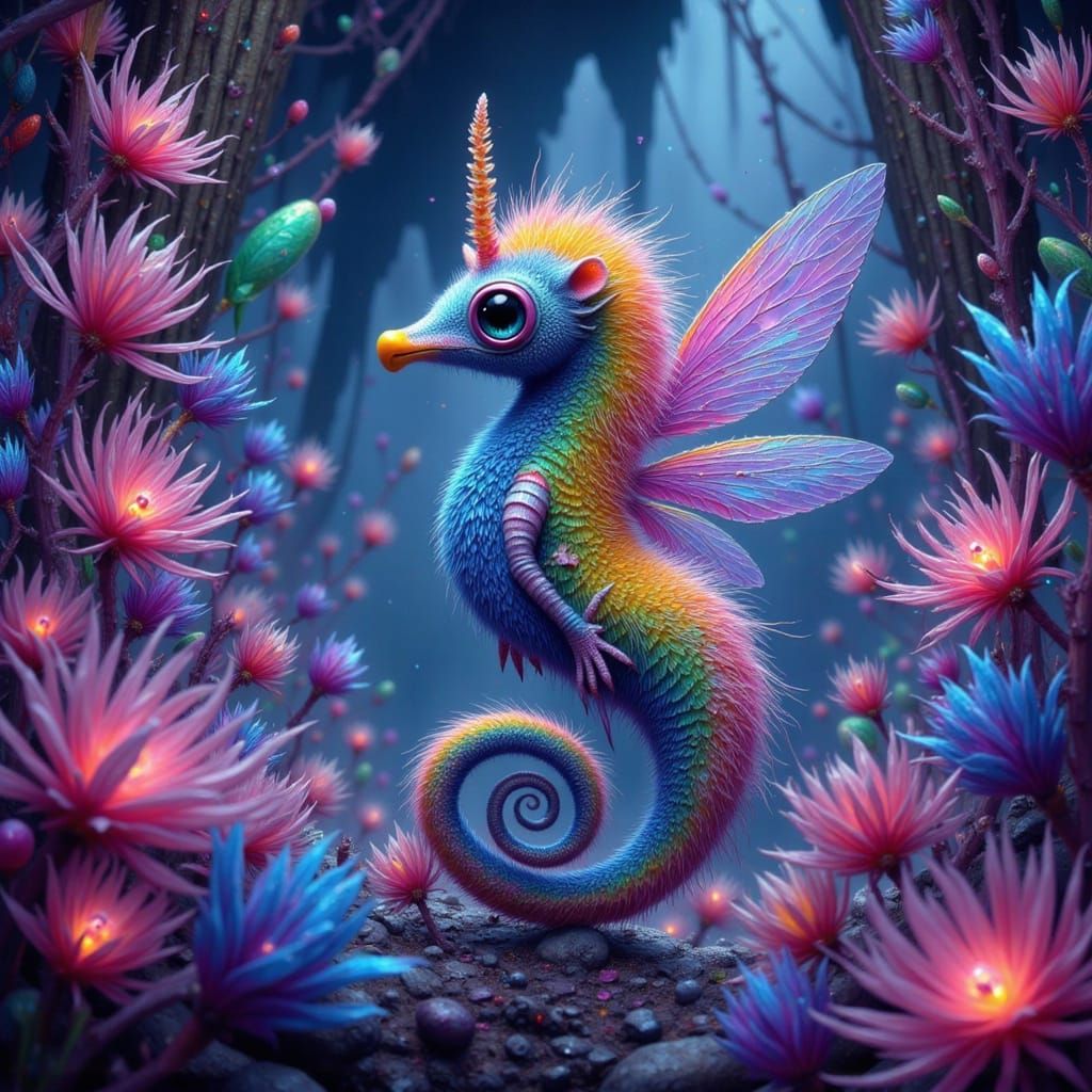 Neon Seahorse in Bioluminescent Cave, Dreamlike Digital Art