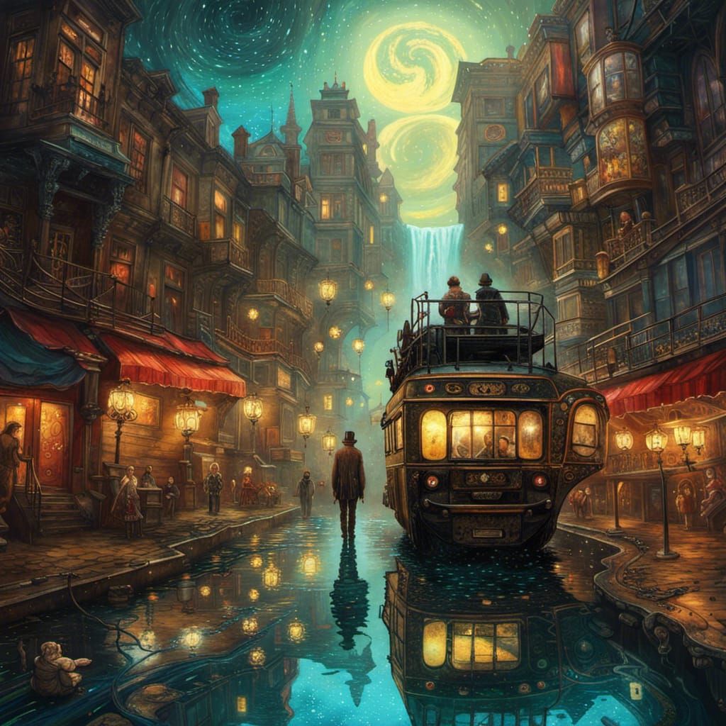 Steampunk Yin and Yang Starry Night Waterfall