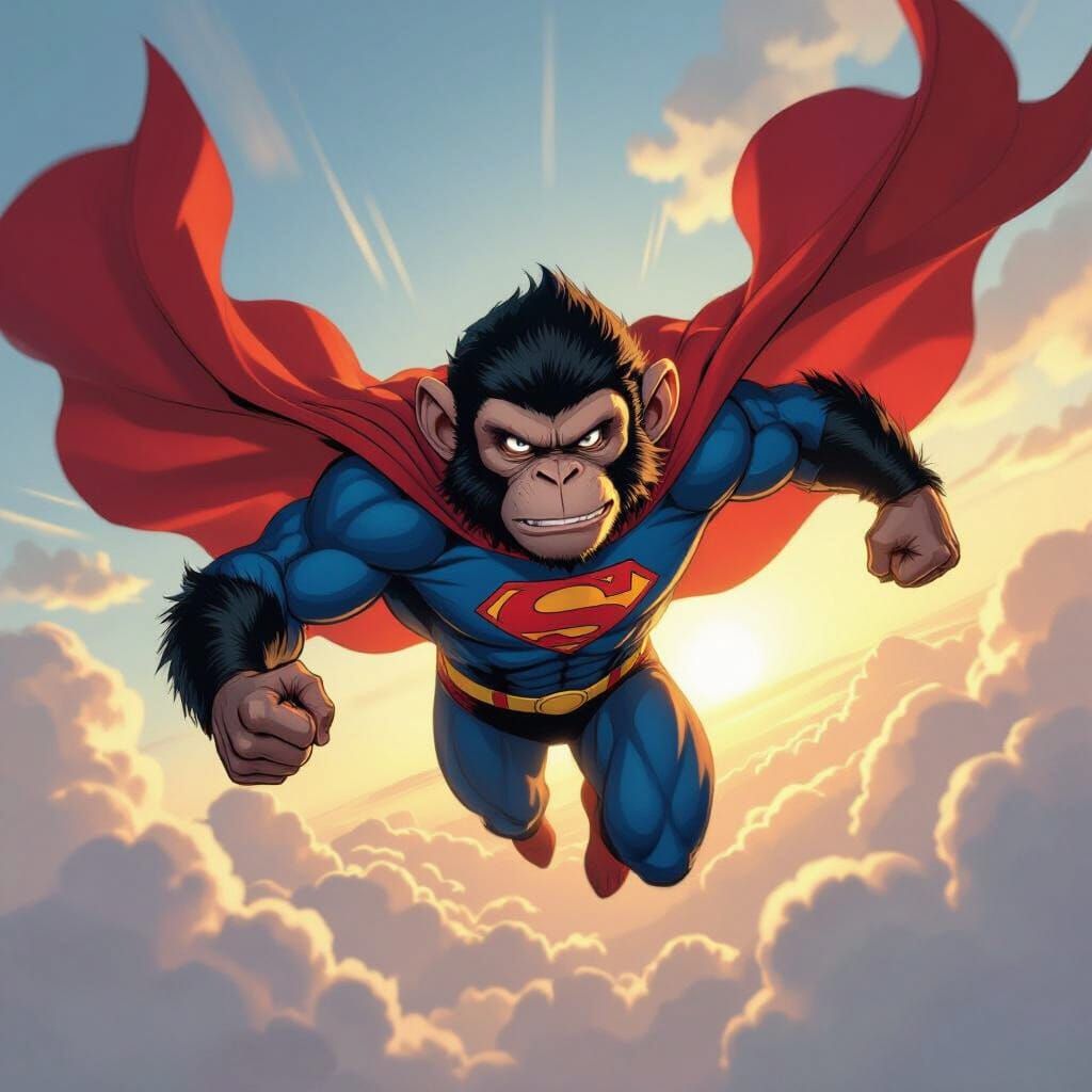 Super Monkey Soars Through Clouds in Comic Book Style
