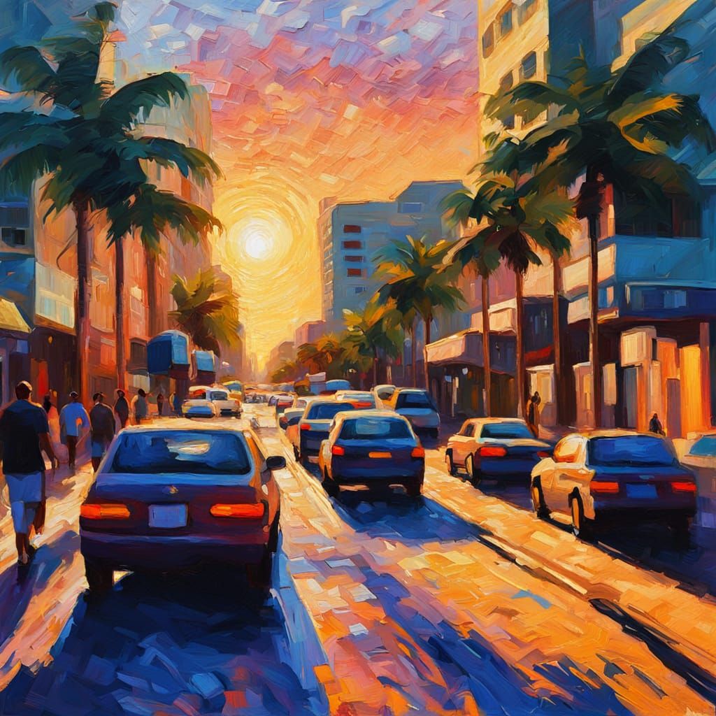 Miami Cityscape in Neo-Impressionist Oil Painting Style