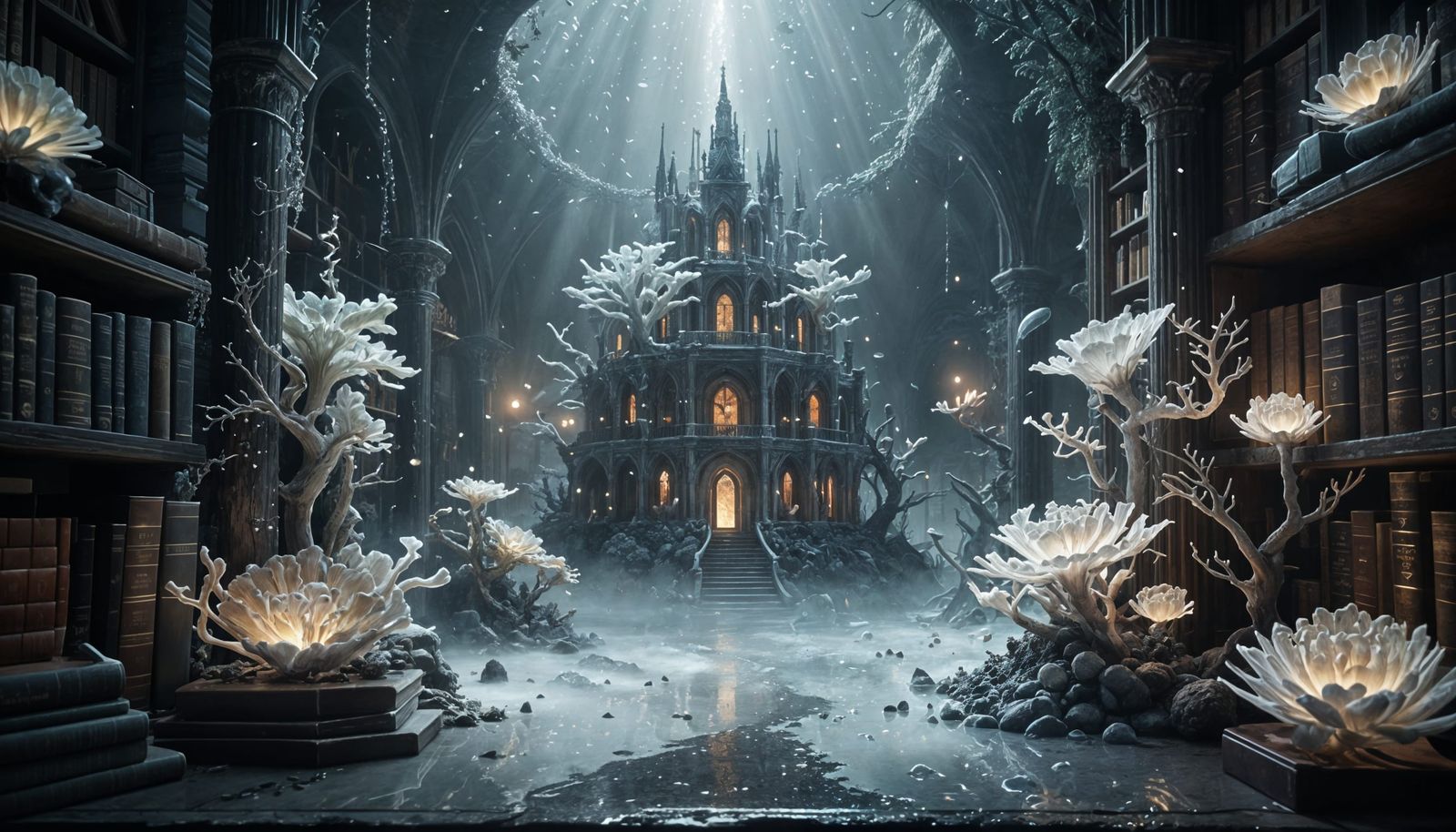 Organic Fantasy Library with Bioluminescent Books