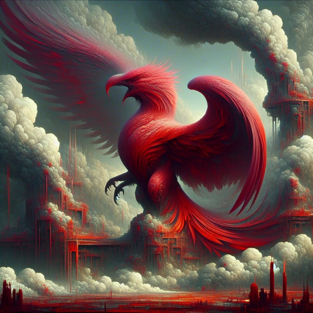 Victorious Crimson Avian in Apocalyptic Cyberpunk Landscape