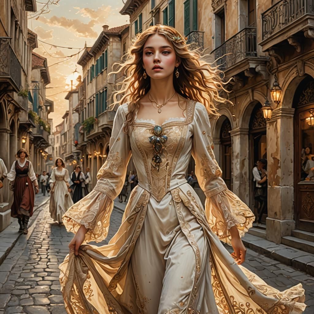 Art Nouveau Woman in Venice, Inspired by Masters