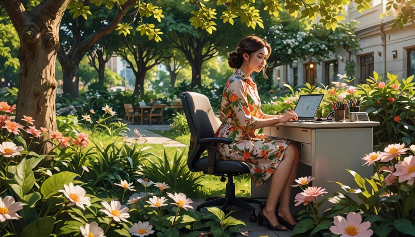 Springtime Office Scene in Hyperrealism Style