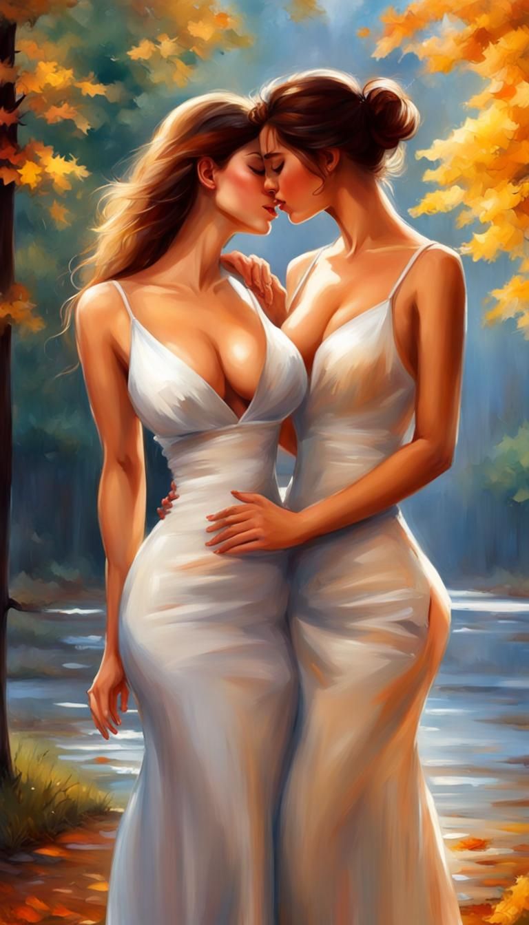 Two beautiful big bosom girl in a deep v neck spaghetti stra...
